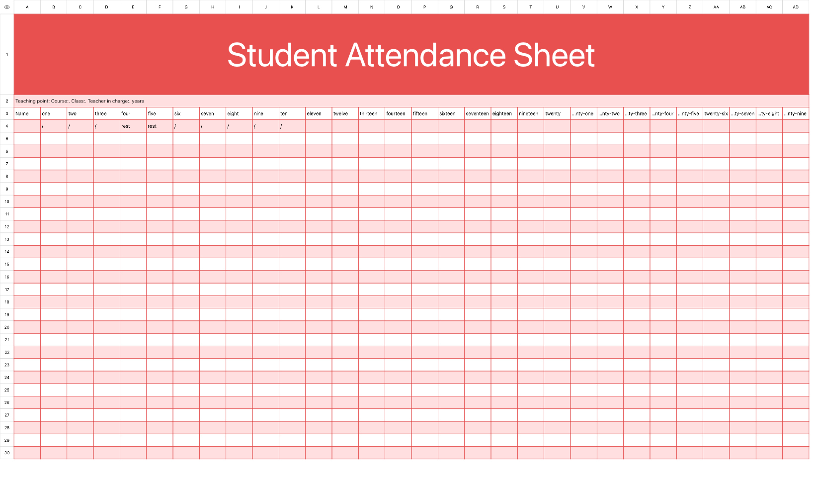 Pink Student Attendance Sheet